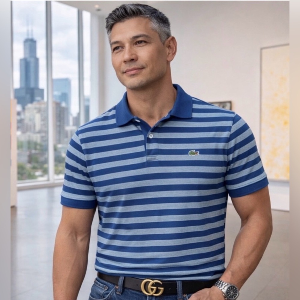 Lacoste Navy and Light Blue Striped Polo Shirt